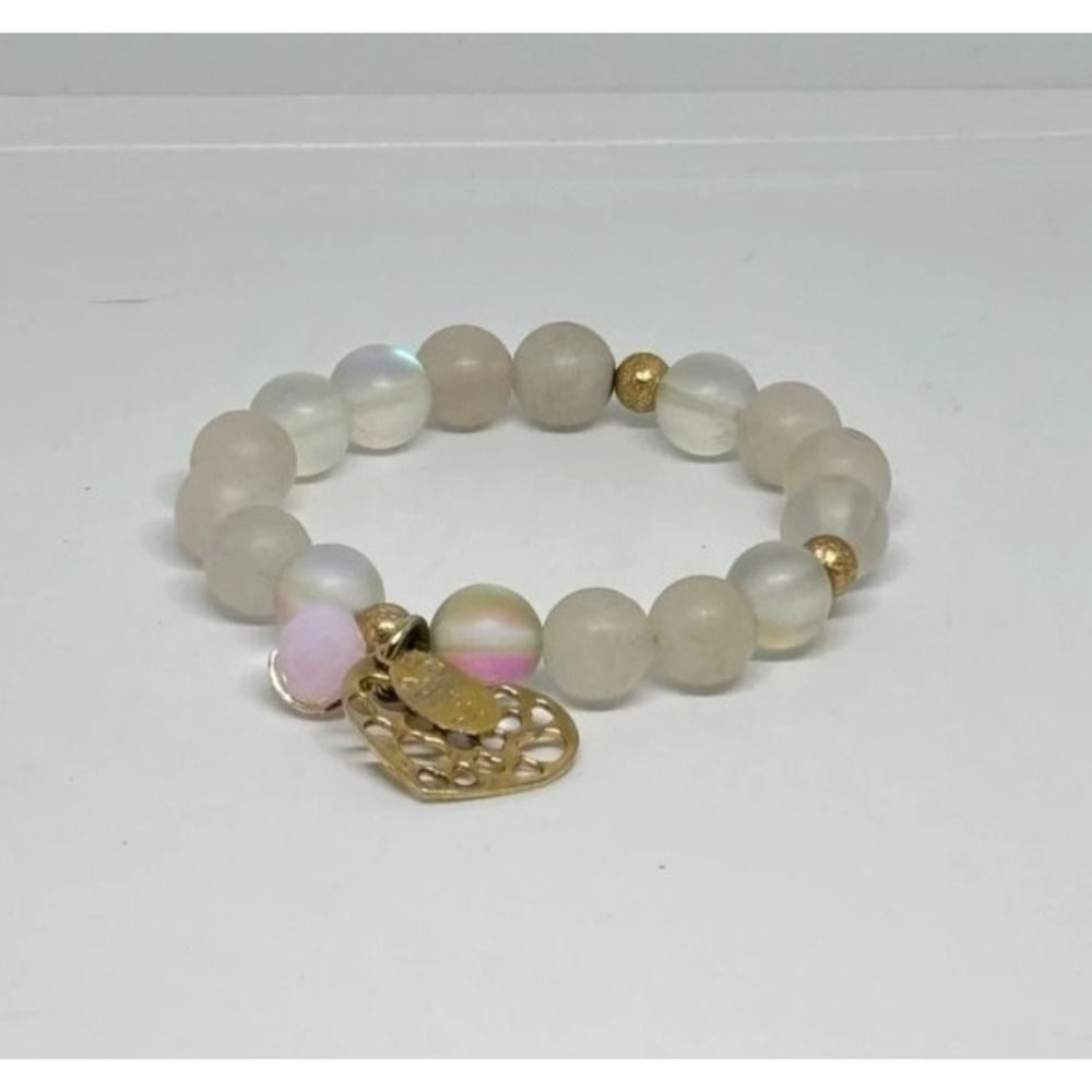Gypsy Handmade Beaded Stretch Bracelet Gold Heart Charm Pastel Glass
